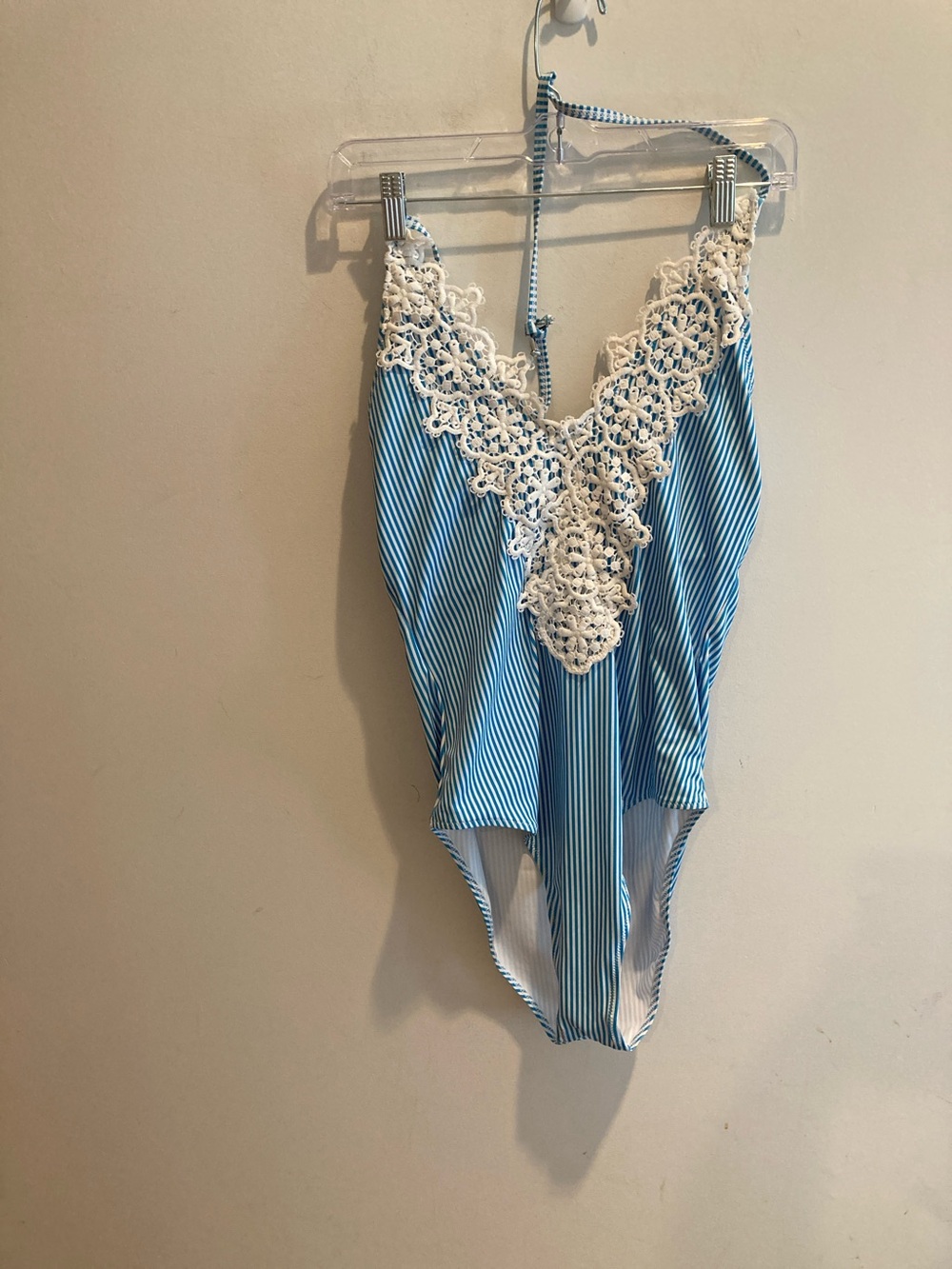 Bllue/white stripe One-Piece Swimsuit with White Lace V-Front large